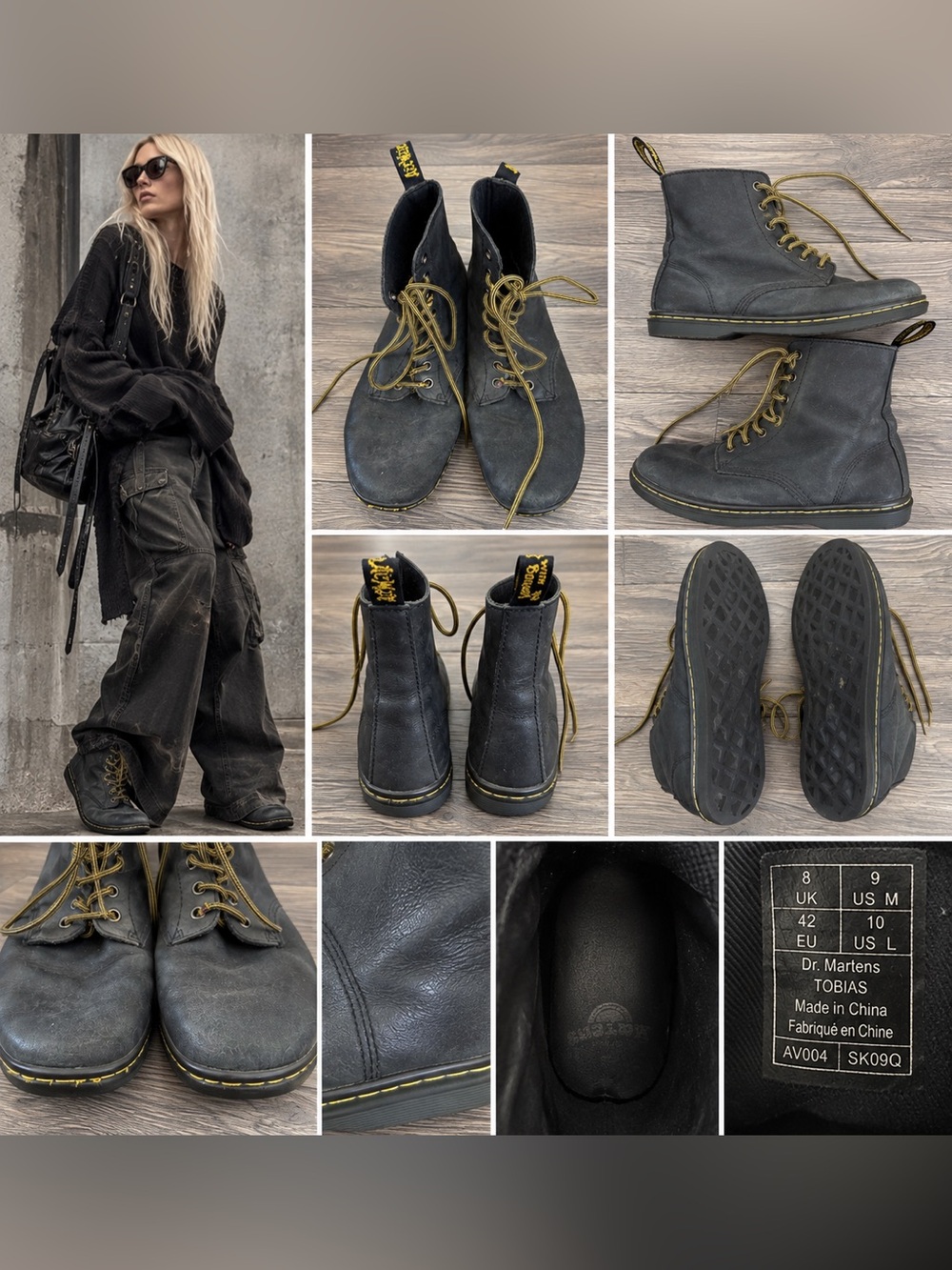 Dr. Martens Tobias Black Leather Ankle Boots Yellow Stitching US Women’s 10